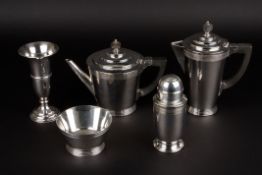 An Art Deco Mappin & Webb four piece silver plated tea setcomprising teapot, hot water jug, sugar