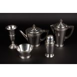 An Art Deco Mappin & Webb four piece silver plated tea set
comprising teapot, hot water jug, sugar