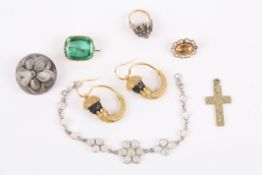 A small Georgian  pearl and gem set brooch, an Eastern gem set  fancy ring, Victorian paste,
