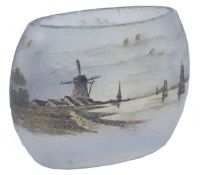 A small Daum iridescent, acid etched glass bombe vase finely decorated with a coastal landscape