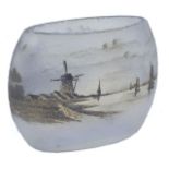 A small Daum iridescent, acid etched glass bombe vase finely decorated with a coastal landscape