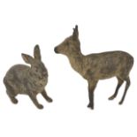 Two Austrian cold painted bronze animals a standing muntjac deer, and a rabbit, both stamped