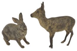 Two Austrian cold painted bronze animals a standing muntjac deer, and a rabbit, both stamped