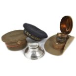 A novelty WW1 hat shaped inkwell together with a miniature WWI army officers hat, a miniature HMS