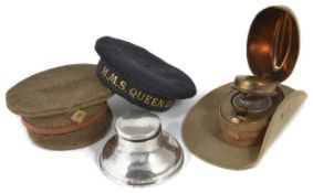 A novelty WW1 hat shaped inkwell together with a miniature WWI army officers hat, a miniature HMS