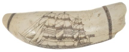 A carved Scrimshaw sperm whale tooth carved with a tea clipper in full sail, 'Ship Barclay of