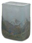 A small Daum acid etched rectangular glass vase finely decorated and painted in enamel with an