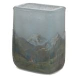 A small Daum acid etched rectangular glass vase finely decorated and painted in enamel with an