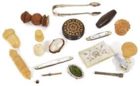 A small collection of objects of vertu including a mother of pearl fruit knives and a book, silver