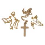 A plain, hollow antique 9ct gold cross pendant on 9ct gold rope twist chain, another 9ct gold