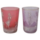 Two Victorian Mary Gregory cranberry glass beakers painted with children in white enamel. 7.5 cm