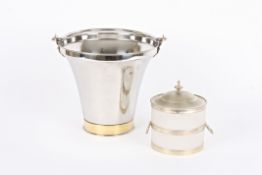 A silver plated and glass biscuit tin with ring handles to the side, together with a chrome bucket