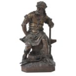 Lebourg (1829-1906) French 'Le Travail', a large bronze model of a blacksmith, seated on an anvil,