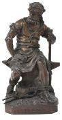 Lebourg (1829-1906) French 'Le Travail', a large bronze model of a blacksmith, seated on an anvil,