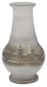 A Daum iridescent, acid etched glass baluster vase finely decorated with a coastal landscape scene