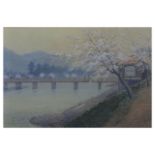 M. Matso (early 20th century) Japanese A large Japanese watercolour of a river with a bridge and