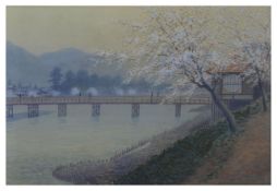 M. Matso (early 20th century) Japanese A large Japanese watercolour of a river with a bridge and