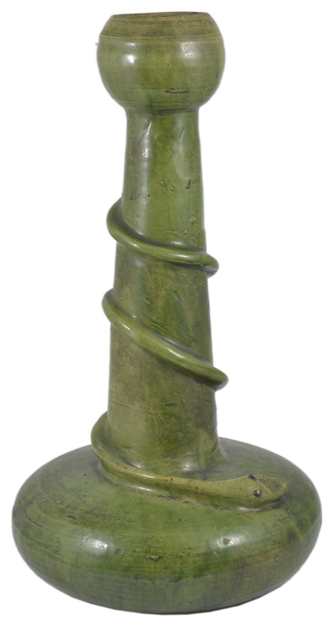 A large green glazed heavy studio pottery vase entwined with a stylised snake, with bulbous base and