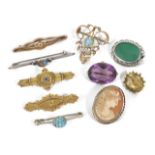 A collection of Victorian and later brooches, including a 9ct pearl and sapphire bar brooch, a