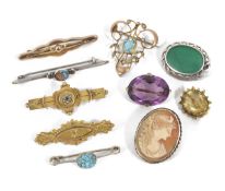 A collection of Victorian and later brooches, including a 9ct pearl and sapphire bar brooch, a