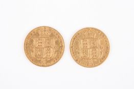 Two Victorian 22ct gold half sovereigns dated 1877 and 1890, with shield backs. 7.9 grams total.