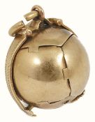 A 9ct gold Masonic ball pendant, the ball opening and unfolding into a cross shape and engraved with