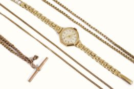 A collection of gold chains and a watch comprising a 9ct gold double Albert chain, a 9ct gold