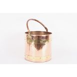 A copper coal bucket with brass bands to side height with handle 44cmCondition: in good overall