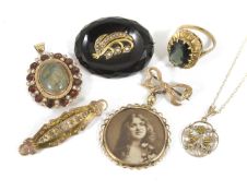 A collection of Victorian and later jewellery including a turquoise and pearl 9ct gold scroll