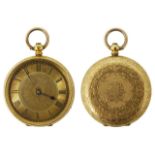 A late 19th century Continental 18K gold open face pocket watch the gilded dial with black Roman