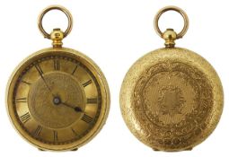 A late 19th century Continental 18K gold open face pocket watch the gilded dial with black Roman