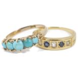 A sapphire and diamond set five stone ring in 18ct gold mount and a five stone turquoise set half