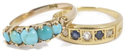 A sapphire and diamond set five stone ring in 18ct gold mount and a five stone turquoise set half