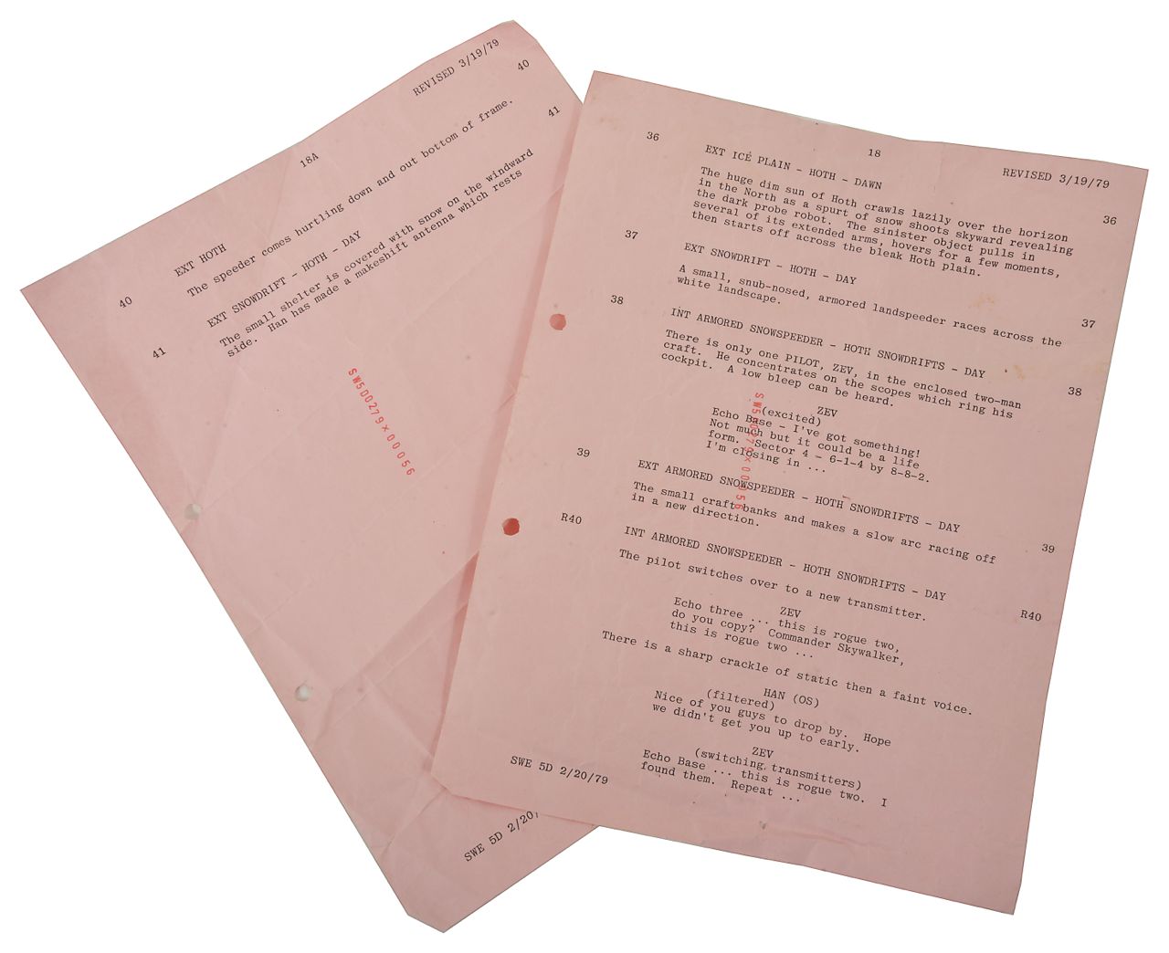 STAR WARS INTEREST: Two sheets of revised script for Empire Strikes Back (No's 18 and 18a) dated 3/