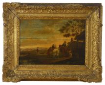 Late 18th century/early 19th century Continental School A country landscape with figures on horseba