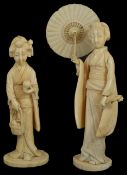 Two Japanese ivory okimono figures of girls early 20th century the first standing in traditional