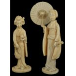 Two Japanese ivory okimono figures of girls early 20th century the first standing in traditional