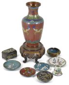 A collection of assorted Chinese cloisonné items comprising a vase on stand decorated with a dragon,