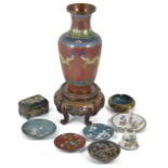 A collection of assorted Chinese cloisonné items comprising a vase on stand decorated with a dragon,