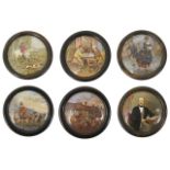 A collection of six framed 19th Century Prattware pottery pot lids, transfer decorated with
