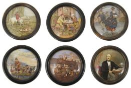 A collection of six framed 19th Century Prattware pottery pot lids, transfer decorated with