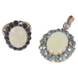 An unusual blue zircon and opal cluster pendant, the oval opal mounted within a cluster of blue