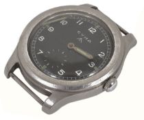A 1950s Cyma Military issue wrist watch the signed black dial with broad arrow mark, and Arabic