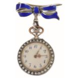 A Continental silver, enamel and pearl ladies fob watch, the dial within a pearl border and with