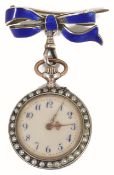 A Continental silver, enamel and pearl ladies fob watch, the dial within a pearl border and with