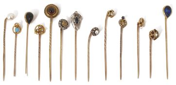 A good collection of Victorian and later diamond, gem set and other stickpins, including Art Deco