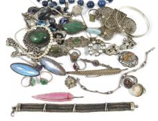 A collection of mainly Art Deco silver mounted jewellery including marcasite, paste and enamel, a