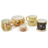 Three Worcester miniature items including a larger and smaller bowl, both painted with flowers, a