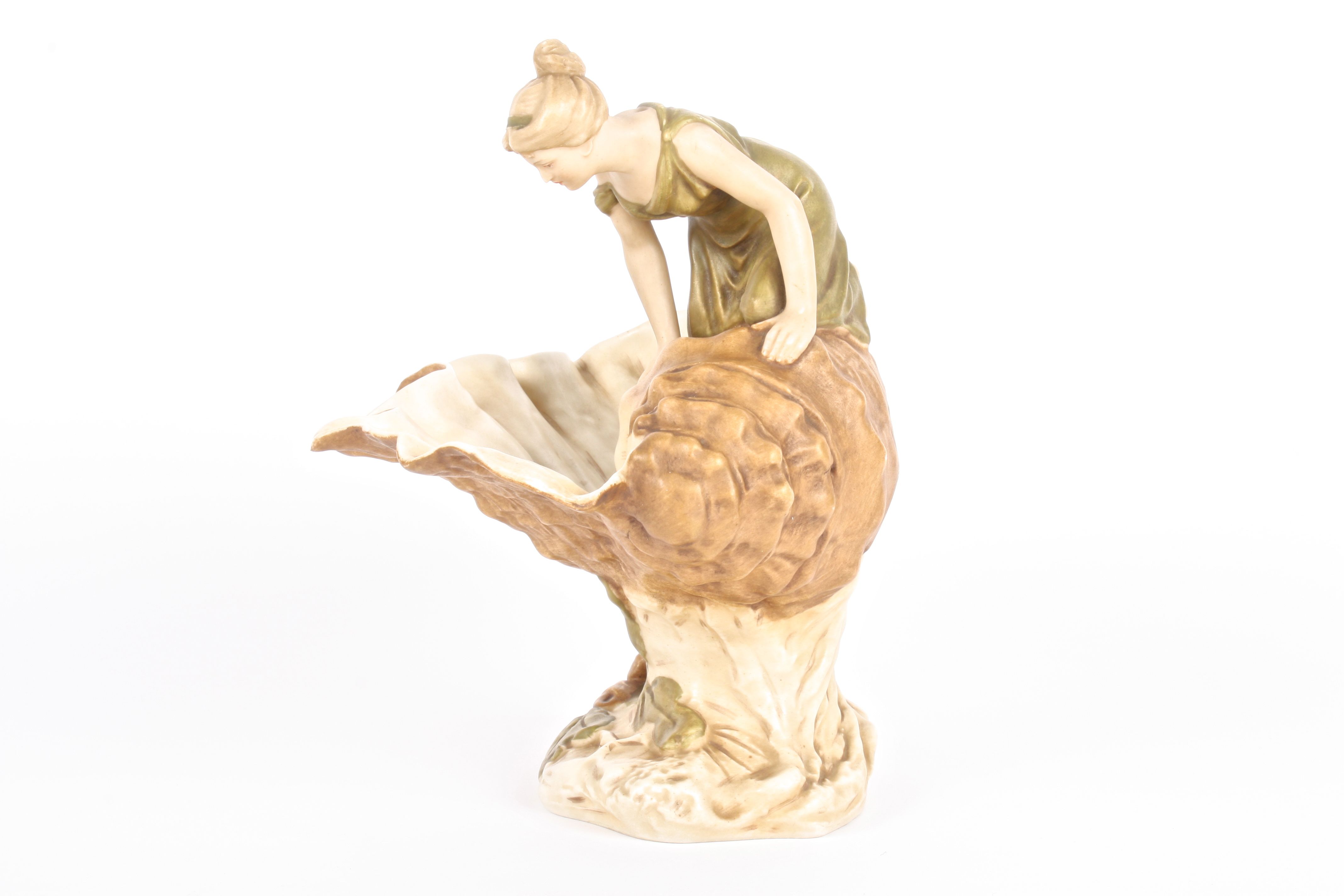 A Royal Dux bisque porcelain figure of a maiden atop a large conch shell realistically modelled, the - Image 2 of 3