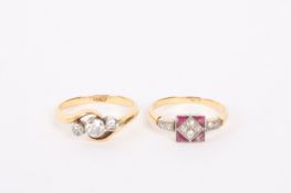 An Art Deco ruby and diamond square set ring of geometric design, 18ct mount, and a three stone